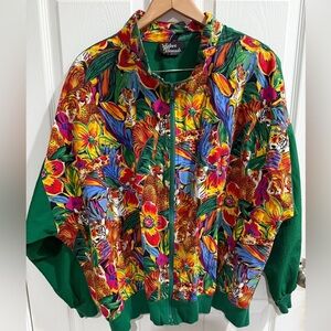 VTG Silver Threads Colorful Floral Jungle Print Tiger Lightweight Jacket